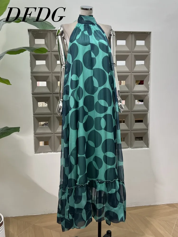 Sukienka damska DFDG na sezon resort 2025, zwiewna, z dekoltem typu halter, bez pleców, bez rękawów, z falbanami, warstwowa, długa, codzienna, w stylu boho, idealna na wakacje na plaży.