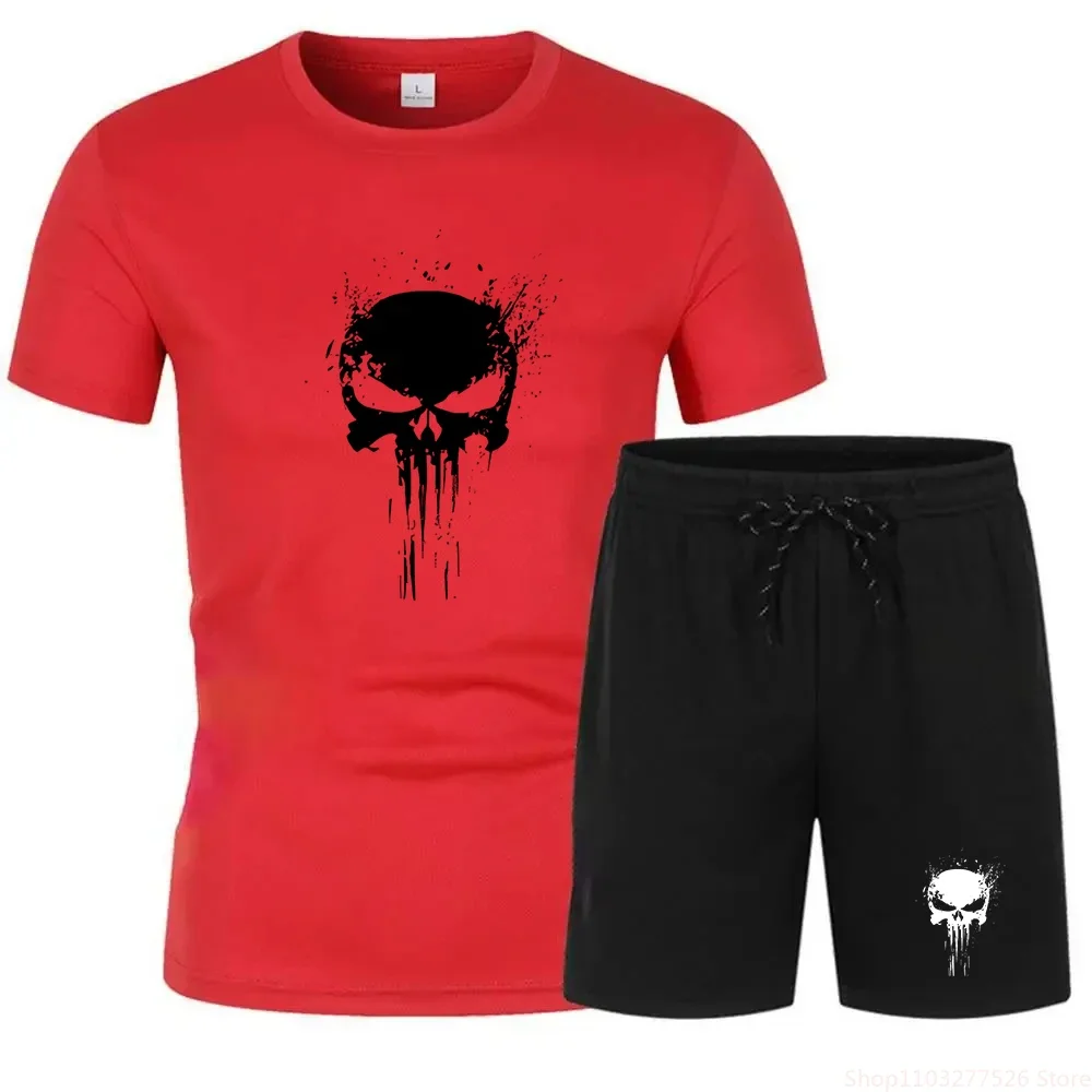 Men\'s skull printed sportswear, short sleeved T-shirt and shorts, two piece set of sportswear for cycling and jogging