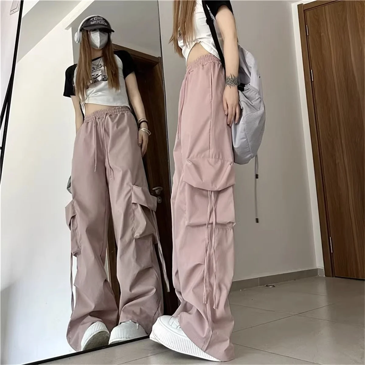 Grande taille femmes Cargo pantalon taille haute solide mode rue pantalon Vintage cordon poche pantalon ample décontracté Joggers vêtements