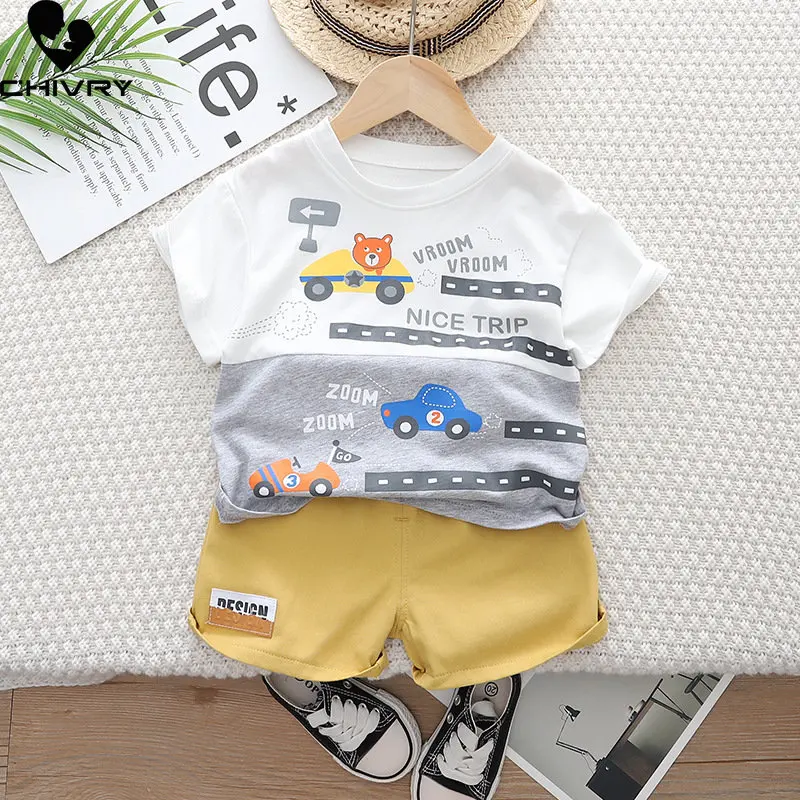 

Boys Summer Clothing New 2023 Baby Boy Short Sleeve O-neck Cartoon Patchwork Color T-shirt Tops with Shorts Kids Clothes Sets