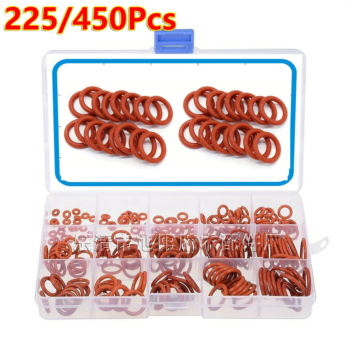 

225/450Pcs Red Silicone O Rings O-Rings Red Silicone Seal Sealing O-Rings Silicon Washer Rubber O-Ring Assortment Kit Set Gasket