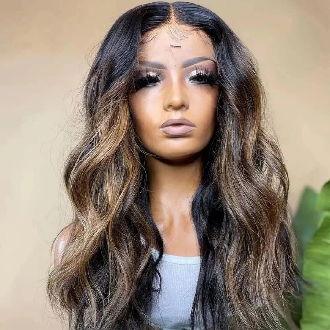 

Chocolate Brown Lace Front Wigs With Honey Blonde Highlight Body Wave Glueless Wigs for Women Elastic Synthetic Lace Top Wigs