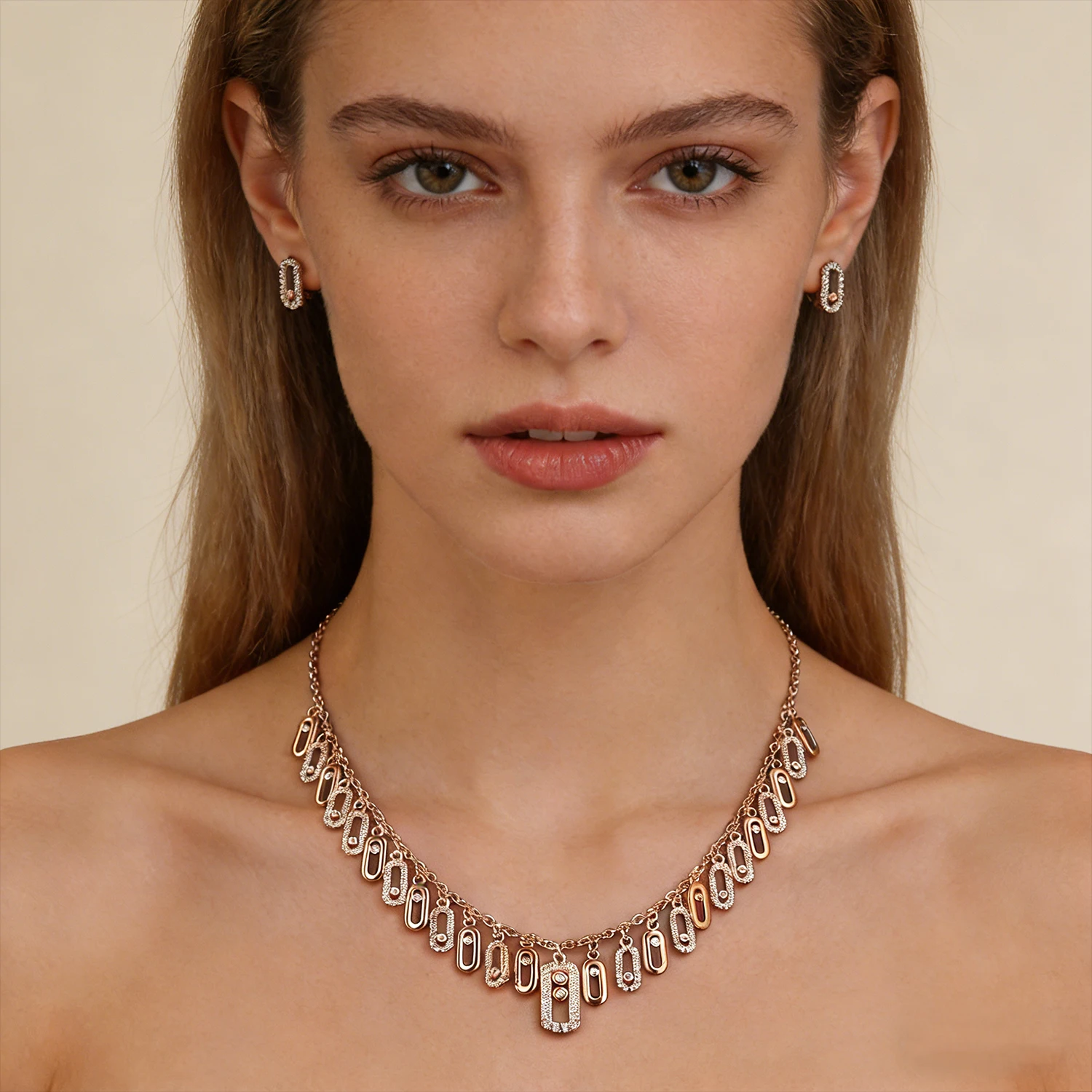 

Gold Plated Geometric Rectangle Zircon Choker Necklace Earrings Set for Women, Sparkling CZ Paperclip Pendant Jewelry, Wedding P