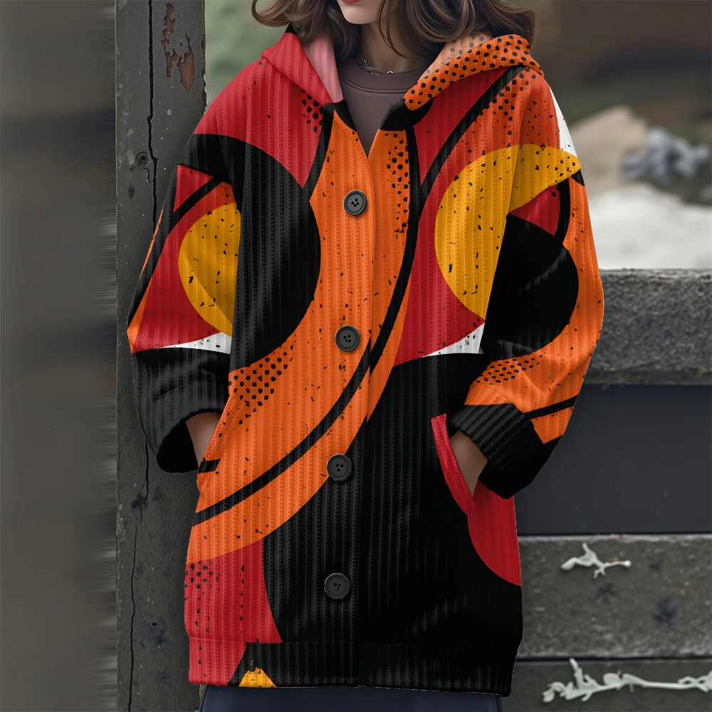 

Свитер с капюшоном с геометрическими цветными блоками, длинный свитер с цветной геометрией, повседневный женский свитер с граффити