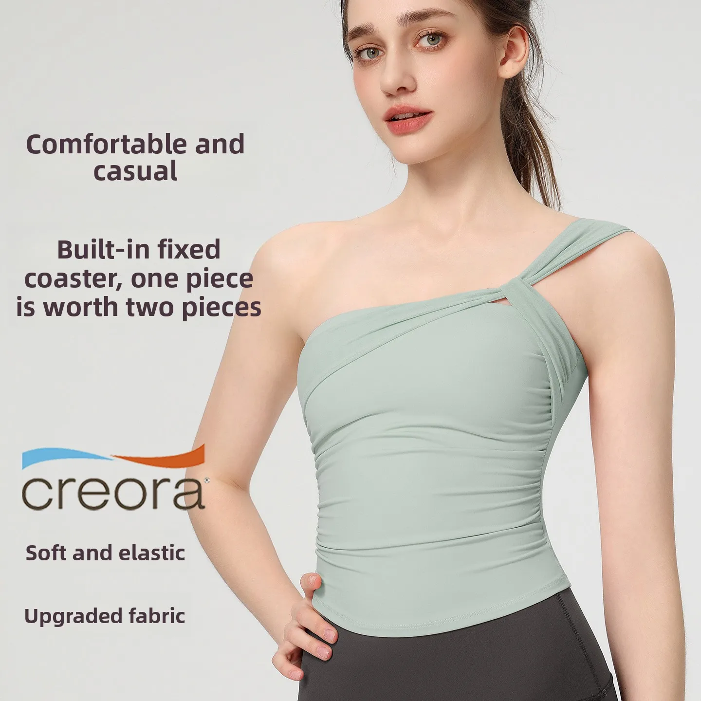 Women's Sexy Sloping Shoulder Yoga Bra Single Shoulder Tube Top with Fixed Bra Pad Slim Fitness Pilates Vest Top
