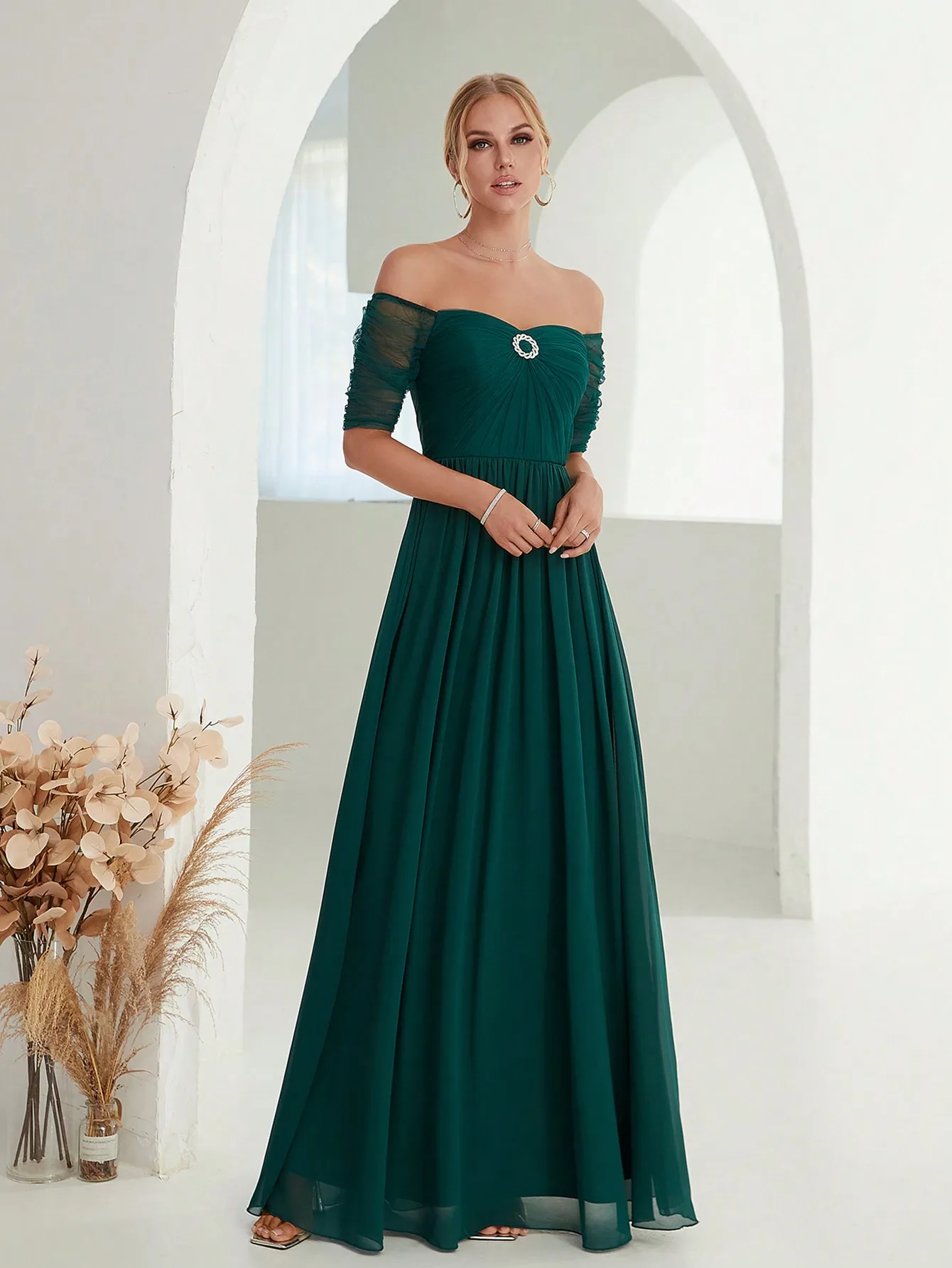 Mgiacy Line neck mesh chest pleated rhinestone embellished chiffon long dress Evening Ball dress Party dress Bridesmaid dress