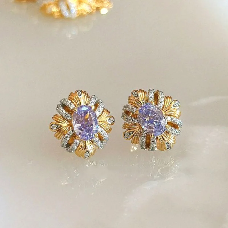 

Inspiration Bauhinia Ribbon stud earrings Vintage Antique Gold Craftsm Elegant Purple crystal earrings for women Wedding Jewelry