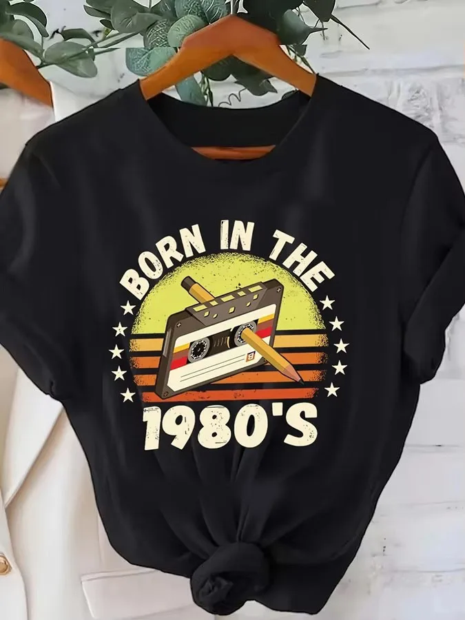 Vintage Cassette Tape Born in The 80S T-Shirt Casual Crew Neck Short Sleeve Top Y2k Summer Women' Dopamine Bright Color Clothing