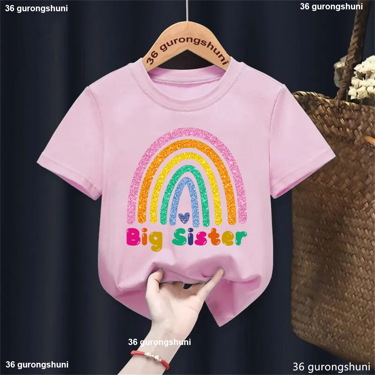 Kawaii Kids Toddler Clothes Glitter Rainbow Love Big Sister Printed Tshirt Girls Fashion White/Pink/Blue/Black T-Shirt Tops