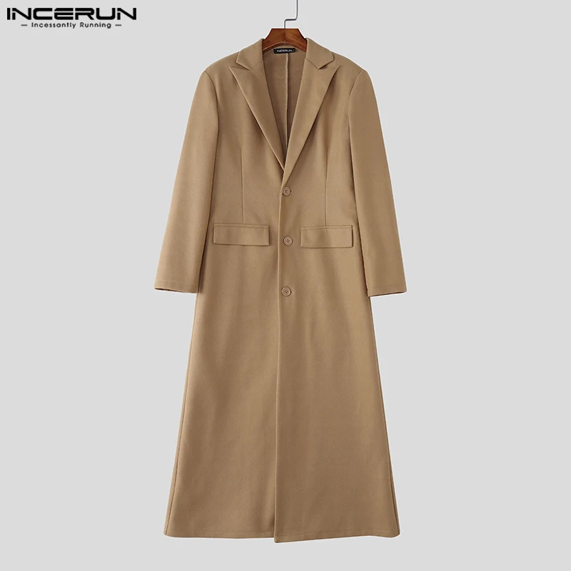 

INCERUN мужские длинные стильные пальто однотонные пальто с лацканами и длинными рукавами мужские пальто из смеси искусственной шерсти модная верхняя одежда мужское пальто уличная одежда