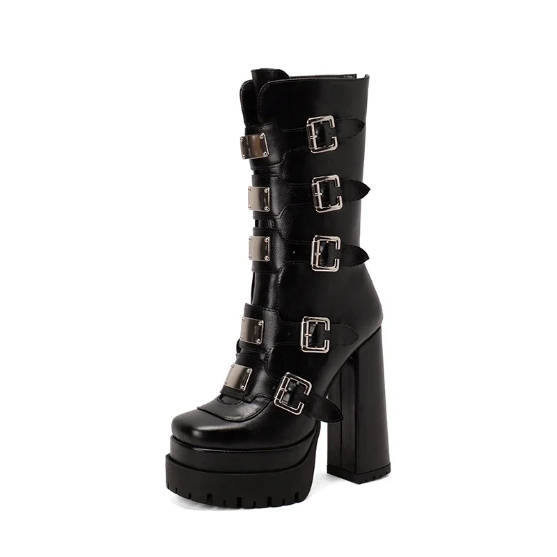 

Punk Gothic Solid Black Multi-buckle Strap Designer Women's Winter Warm Shoes Western Platform Block High Heels Mid-calf Boots