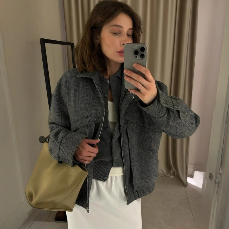 DemoRave Streetwear Vintage Zipper Pocket Jacket Women Autumn Winter Solid Casual Buttons Long Leeve Loose Coats Outwear Femme