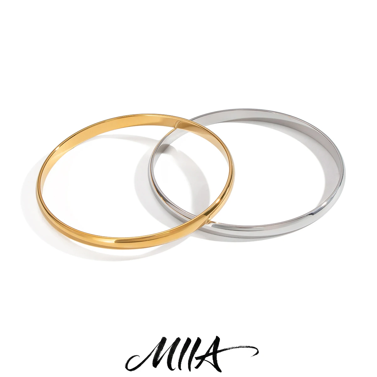 Miia Jewelry 18K Gold Silver Stainless Steel Thin Plain Bangle Minimalist Polished Solid Round Closed Cuff Bracelet For Women