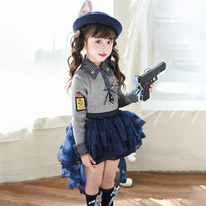 

Girls' Autumn/Winter Dress Judy Rabbit Police Officer Children's Clothes Girls' College Style Set Sweater Princess Dress New