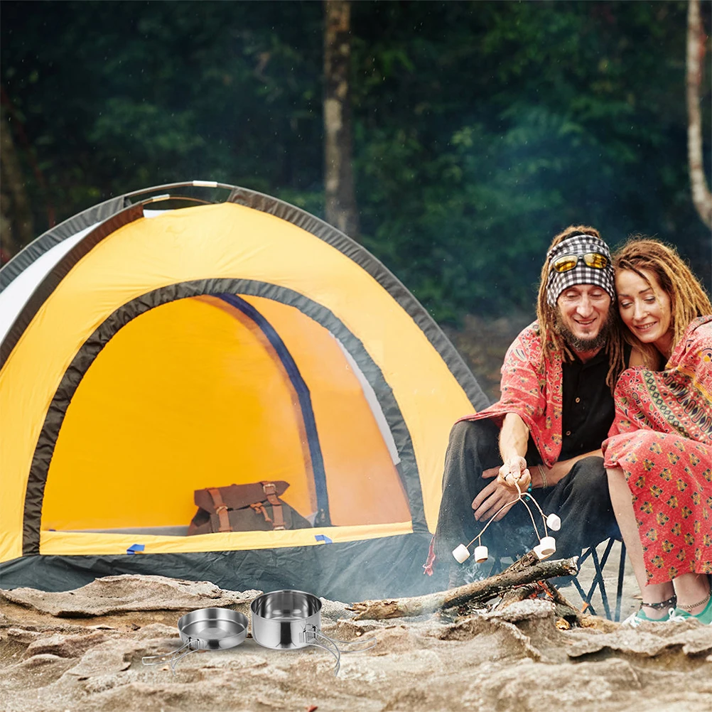 

1 Set Stainless Steel Cookware Set Foldable Portable For Camping Picnic Hiking Outdoor Cooking Kit With Storage Bag Durable Wear