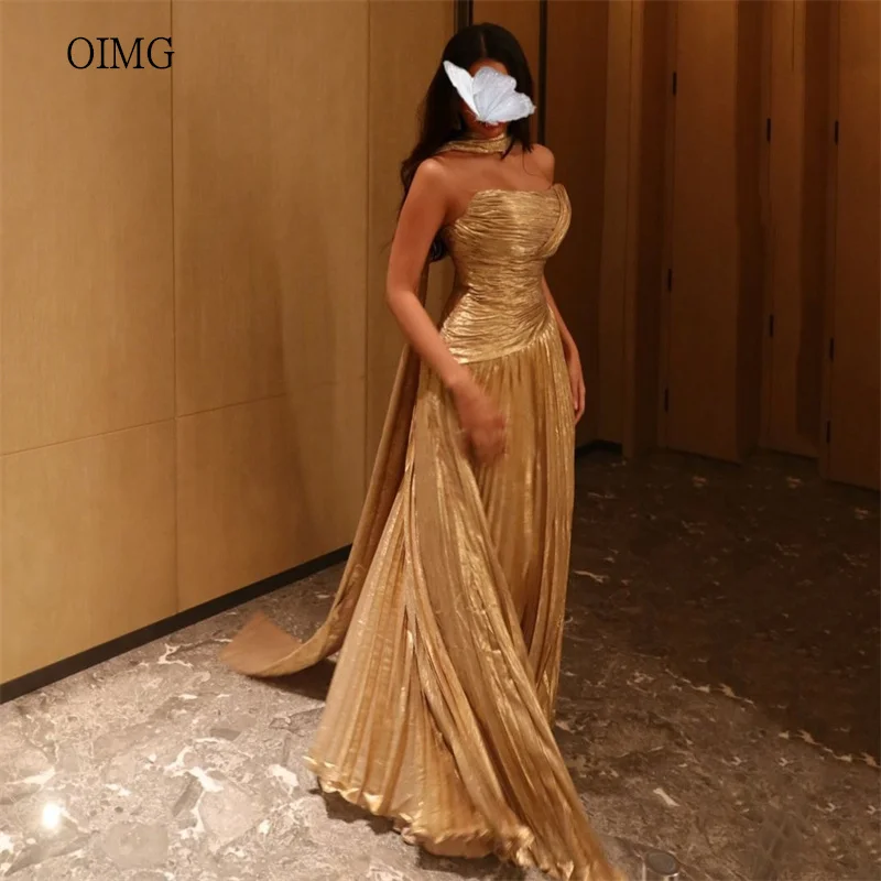 OIMG Shiny Gold Strapless A Line Prom Gowns Backless Pleated Party Gown Floor Length Evening Dress vestidos de gala Customized