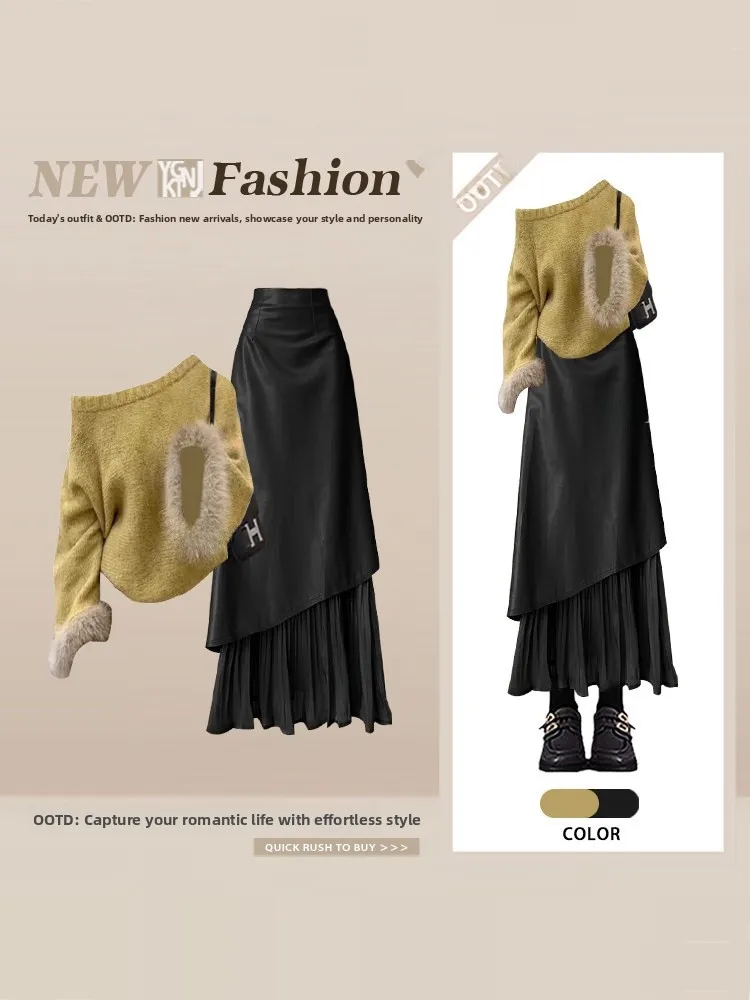 

Shoulder Bared Knitted Sweater And Asymmetrical Skirt Two Piece Set for Women High Waist Midi Skirt Long Sleeve Winter Fashion