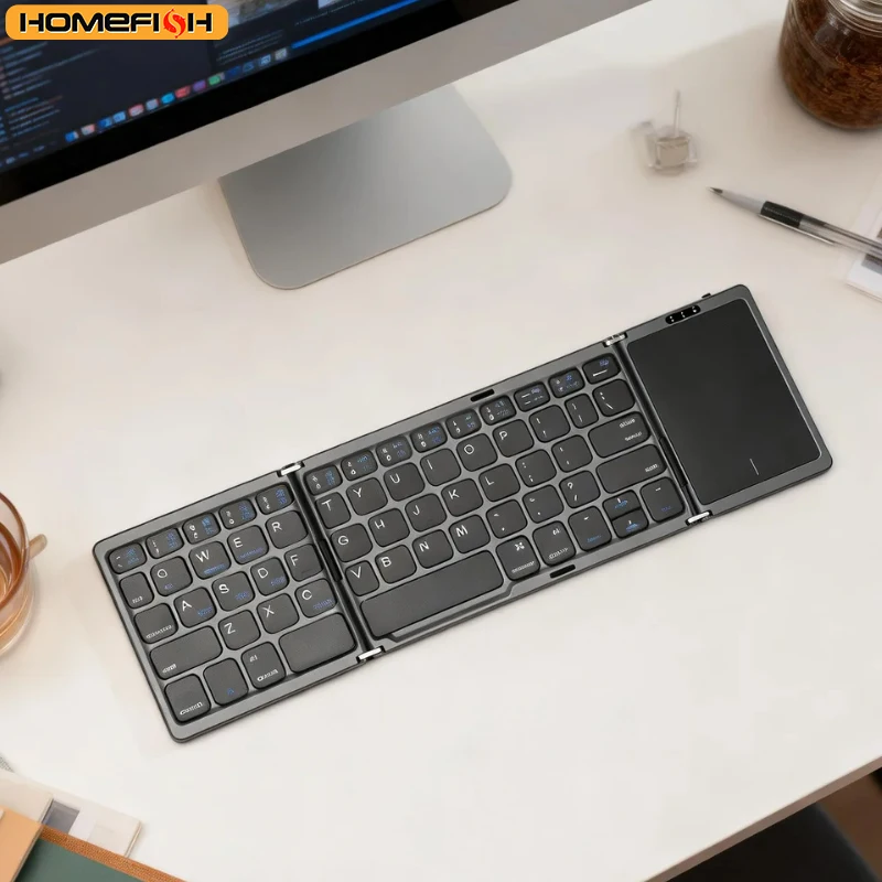 New portable ultra-thin wireless mini three-fold Bluetooth keyboard for mobile phone, tablet, office use with touchpad