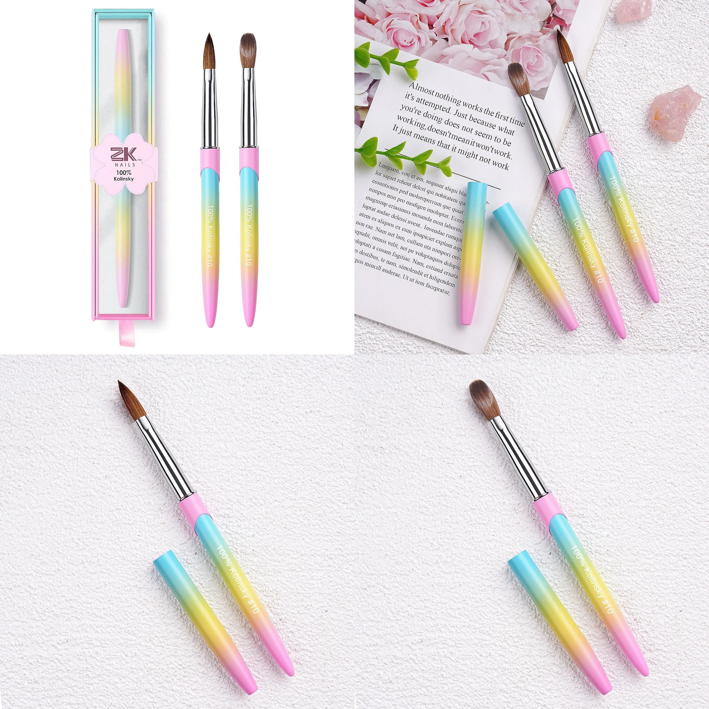 Luxury Rainbow Shiny Metal Handle Curled Brush Acrylic Nail Brush, Premium 100% Kolinsky Acrylic Nail Brush #10 #12 #14