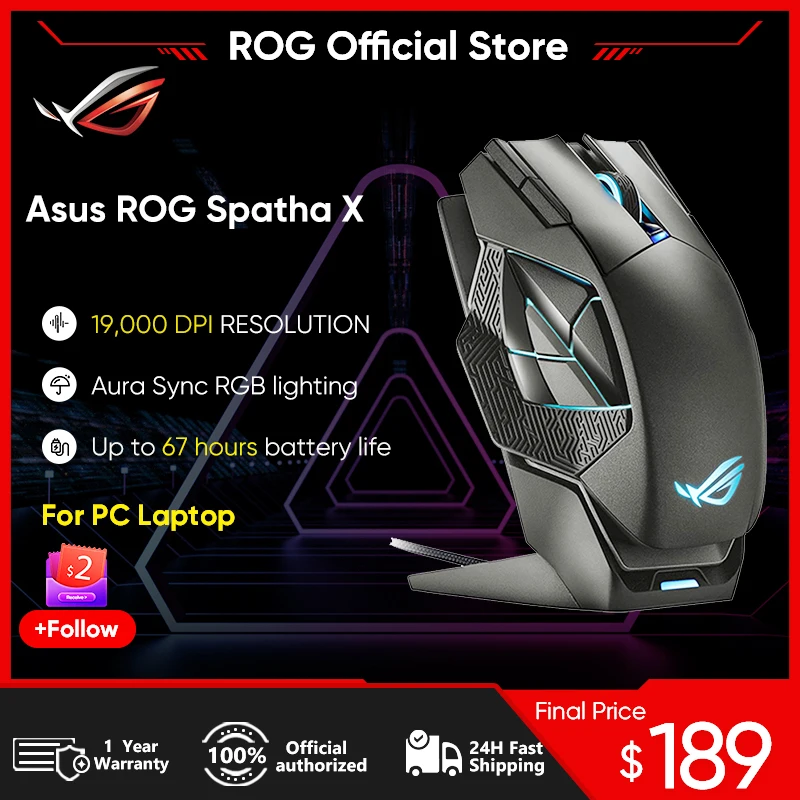 

Беспроводная игровая мышь Asus ROG Spatha X, 19000 DPI сенсор, Магнитная Подставка для зарядки, 12 программируемых кнопок, подсветка Aura RGB