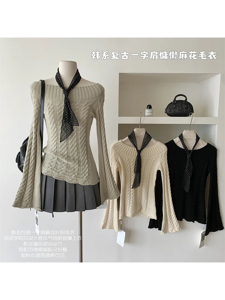 Fall Winter Women Shoujo Gir Slash Neck Jumper Long Sleeve Vintage Sweater Cuddly Knitwear 2000s Korean Coquette Old Money Chic