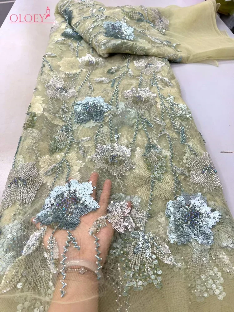 

OLOEY African Sequins Lace Fabric 2026 High Quality Lace Nigerian French Tulle Beaded Lace Fabrics For Sewing Wedding Party Dres