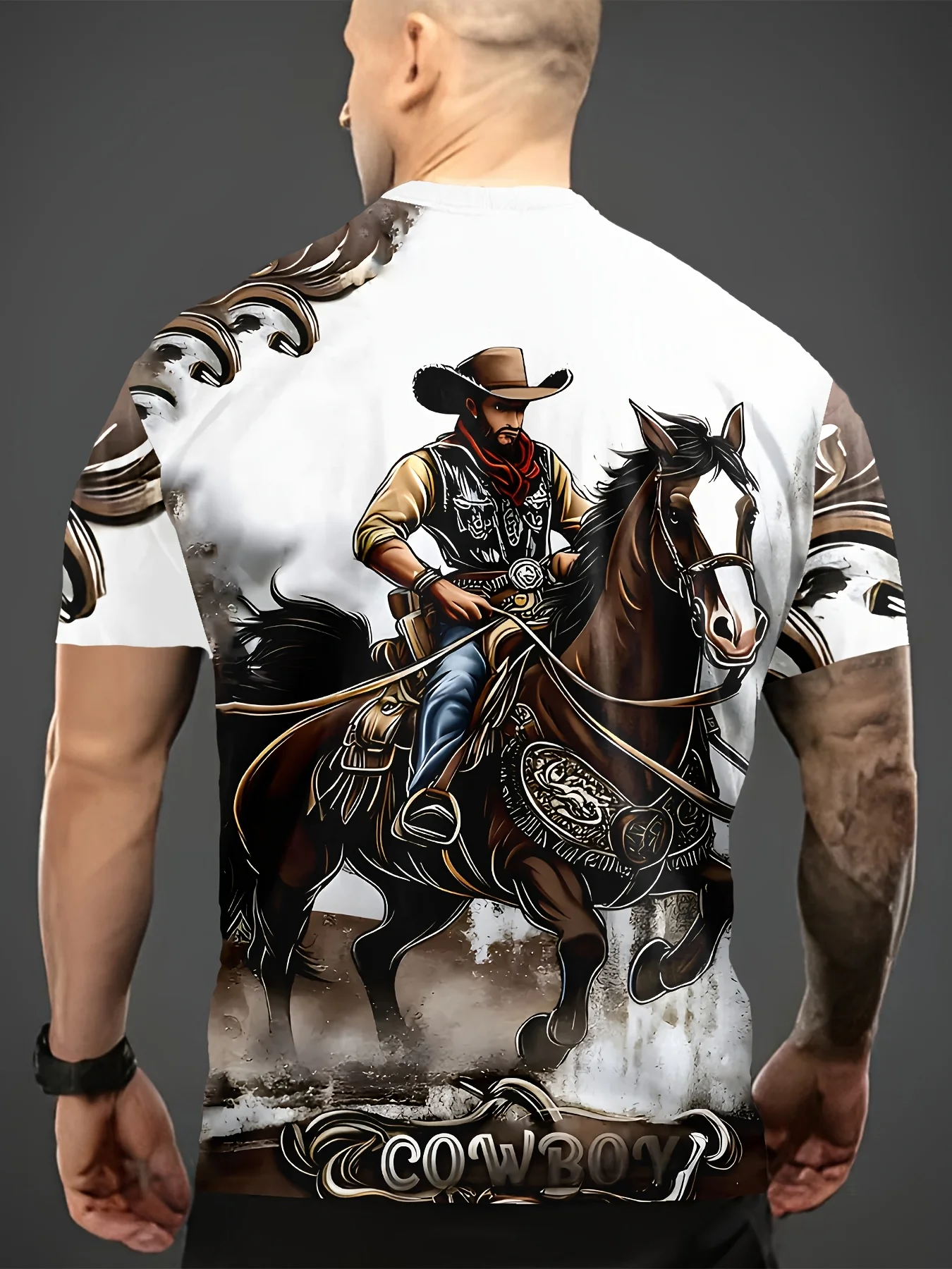 Men Short Sleeve T‑Shirt Western Cowboy Riding Horse Vintage Wild West Crew Neck Casual Tops