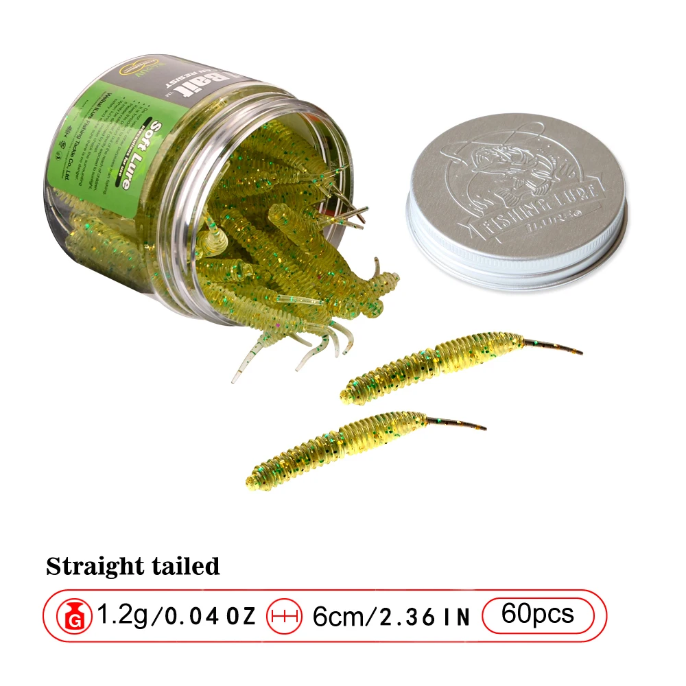 60 Pcs Artificial High-Quality Plastic Fishing Lure Worms 1.2g 6cm Soft Bait for Freshwater And Saltwater