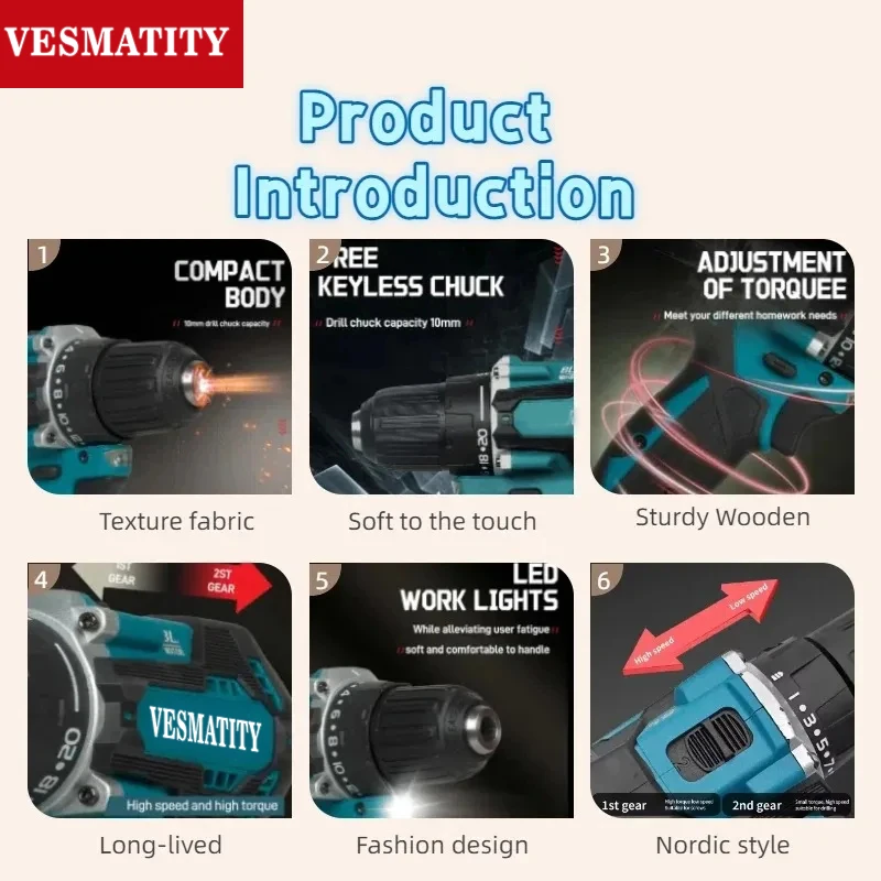 VESMATITY DDF487 Brushless Cordless Impact Drill Driver High Torque Electric Screwdriver Compact Household Tool for 18V Battery