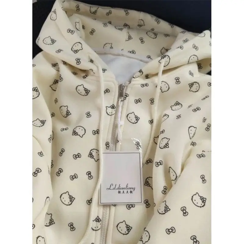 Sanrio Hello Kitty diseño estampado completo Sudadera con capucha versión coreana Y2K lindo estilo de niña abrigo con cremallera mujer otoño dulce chaqueta suelta caliente