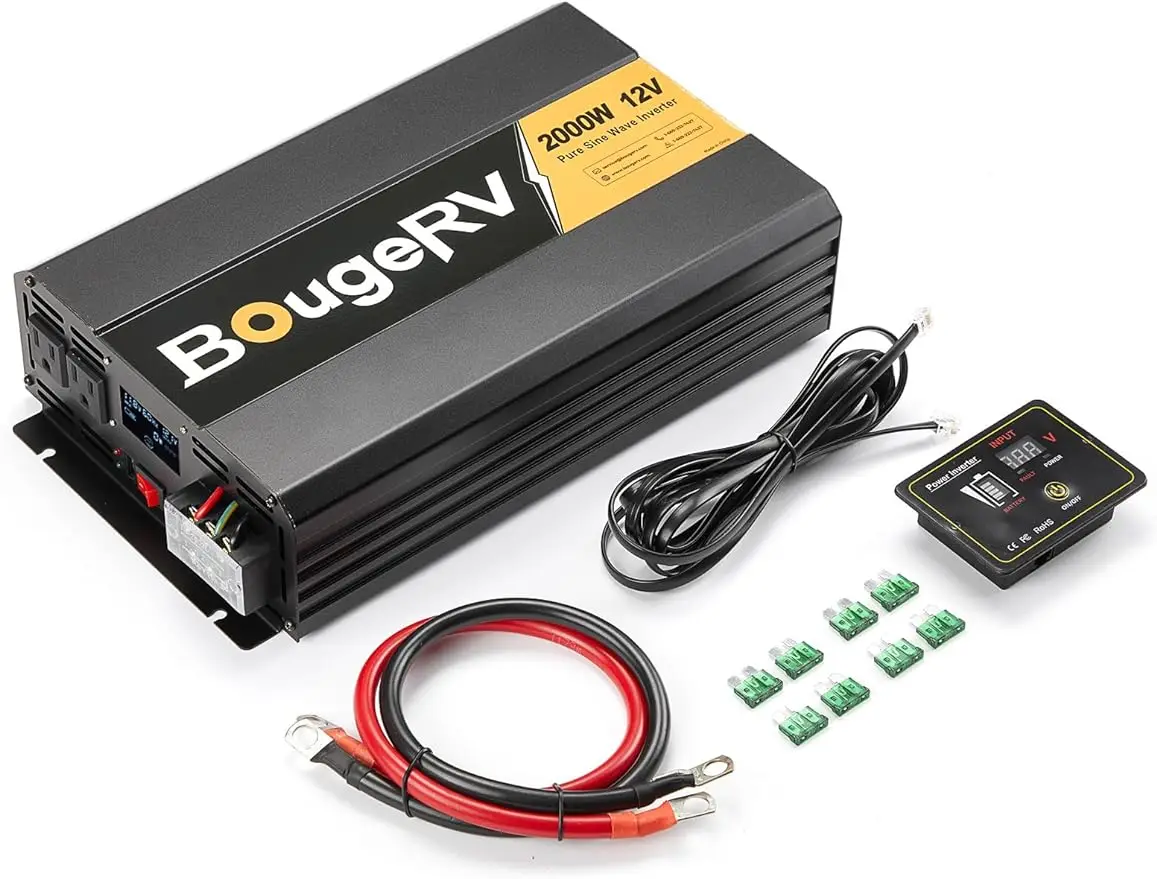 BougeRV-Inversor de Onda Senoidal Pura, 2000W, Converter DC 12V para AC 120V, Display Digital LCD, Controle Remoto com Fio para Off-Gás