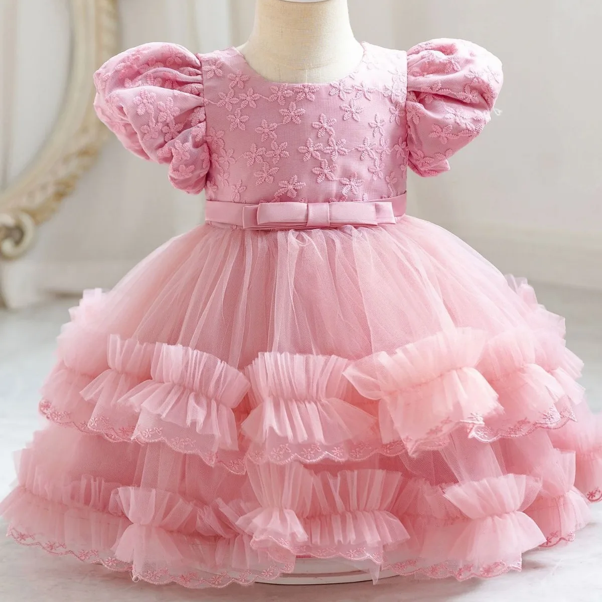 

2024 New Children Girls Party Dress for Kids Short sleeve Solid Child Clothes Flower Girl Birthday Princess Dress Dance 1-3Y