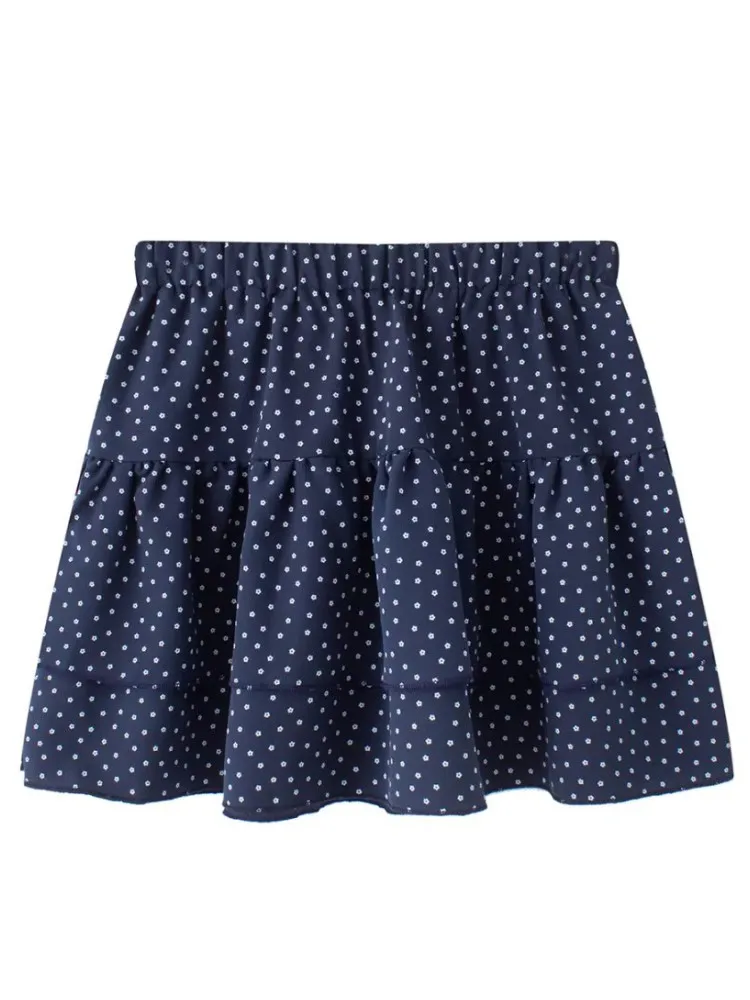 

PUWD Women Navy Layered Mini Skirts 2023 Summer Vintage Ladies High Elastic Waist Floral Printed Cake Skirt Female Chic Bottoms