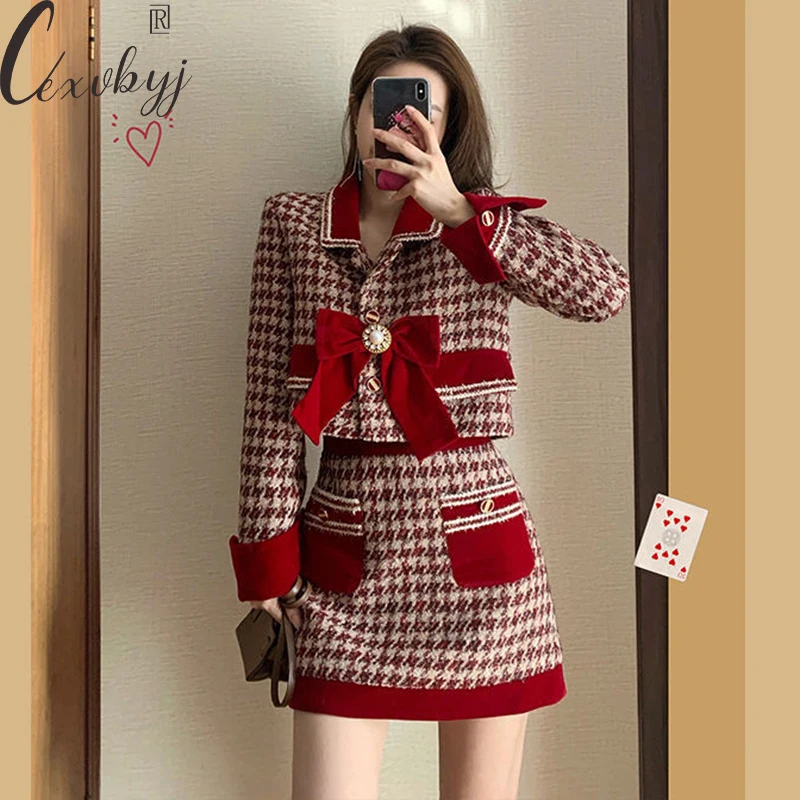 

Red Houndstooth Bow Mini Skirt Korean Set Women Vintage Cropped Coat+Mini Skirt 2 Peice Outfits Small Fragrant A-Line Skirt Suit