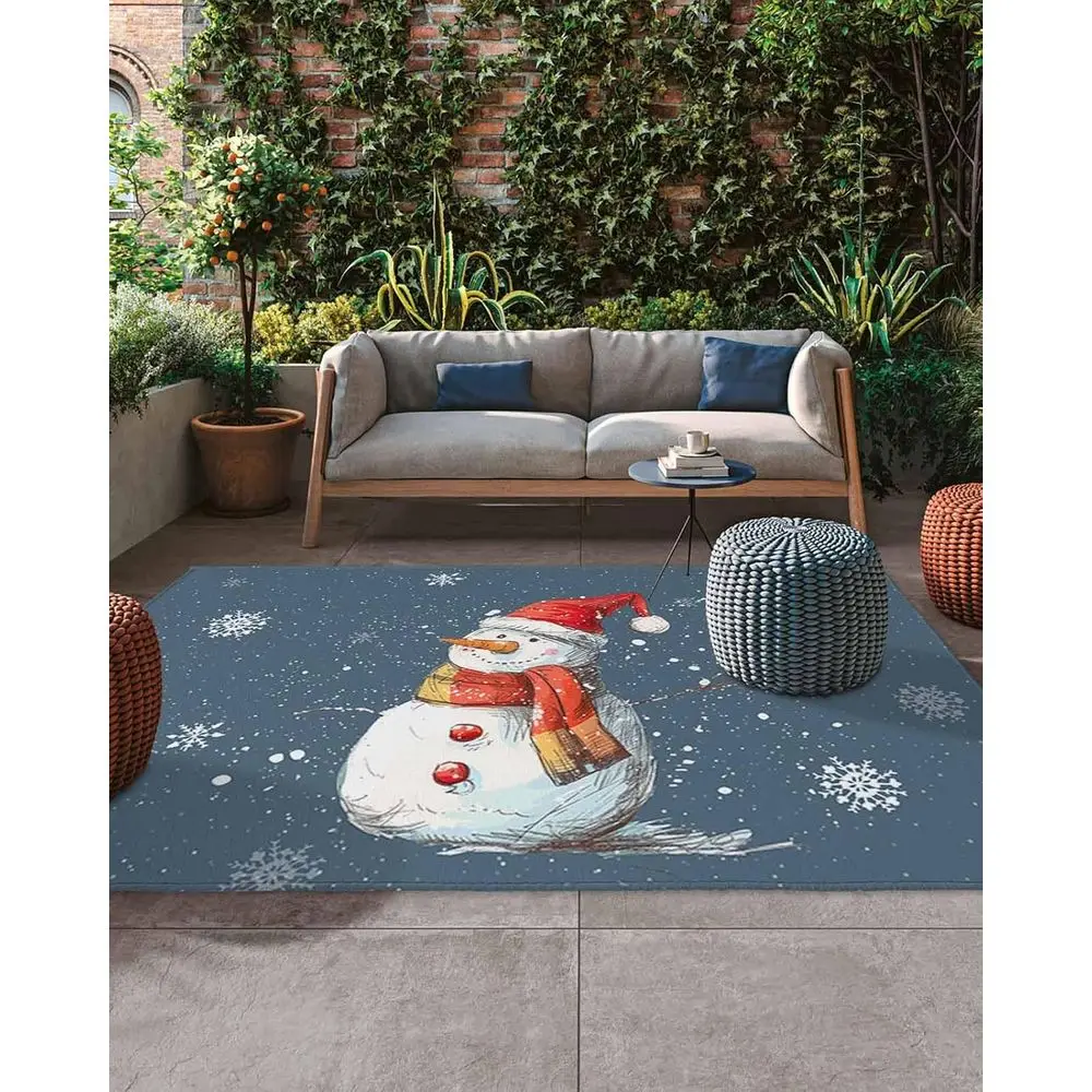 

5x8ft Winter Snowman Outdoor Rug, Blue Gray with Snowflakes, Perfect for Christmas, Deck, and Backyard