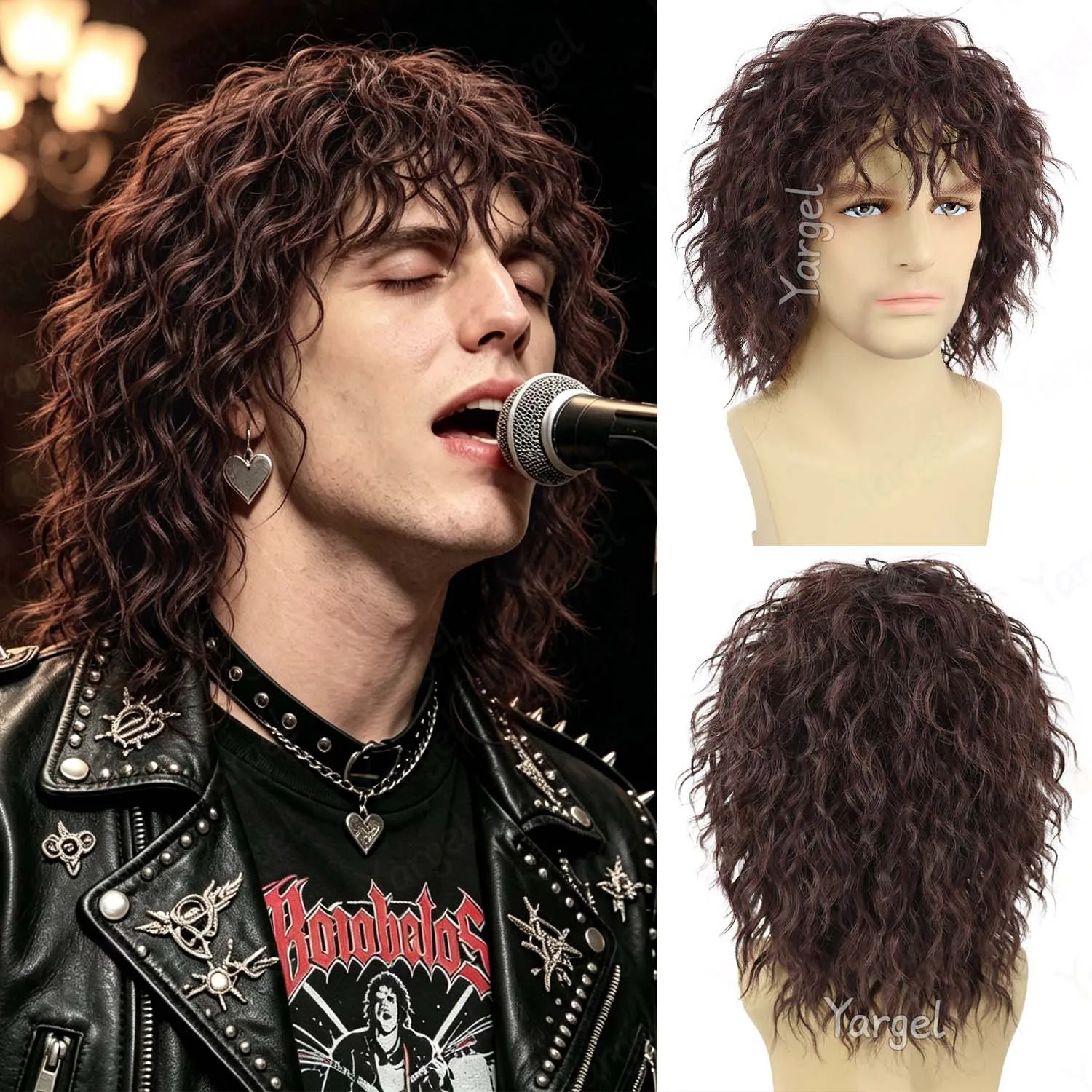 Pelucas sintéticas estilo rocker de los años 70 y 80 para hombre, cortas, rizadas, negras | Peluca Marrón Estilo Mullet, Divertida y Extravagante, Peluca de Anime para Cosplay y Uso Diario