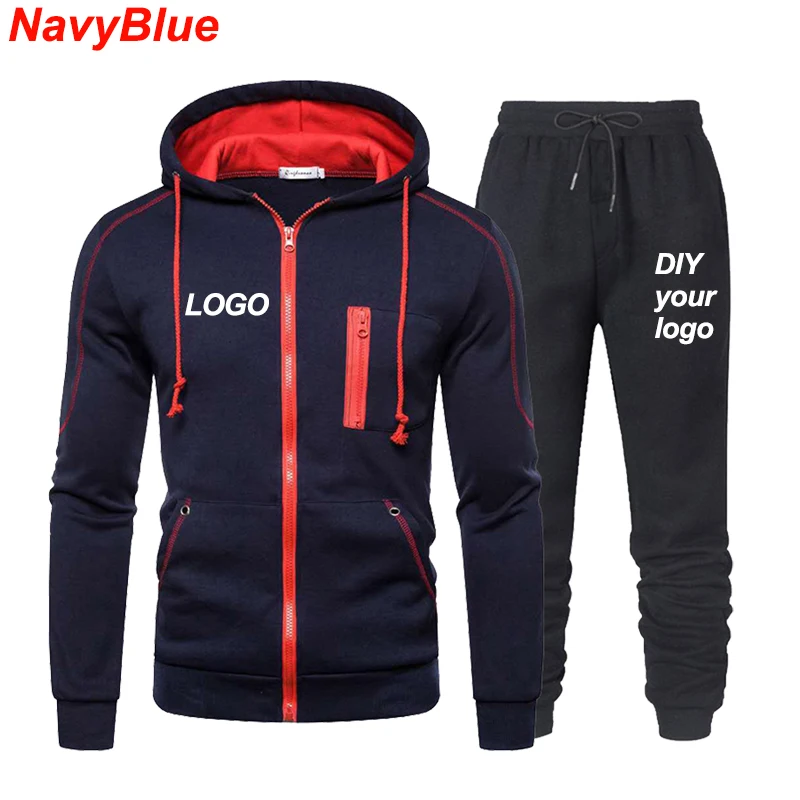 DIY customizes your logo men's sportswear zipper hooded sweatshirt sweatshirt sweatpants casual fitness jogging two-piece set