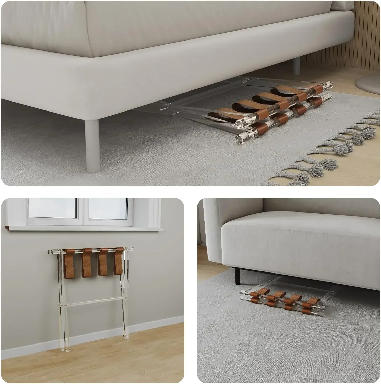 Portaequipajes acrílico para habitación de invitados, soporte para maleta plegable con correas de cuero para dormitorio, sala de estar, Hotel, resistente, sujeción