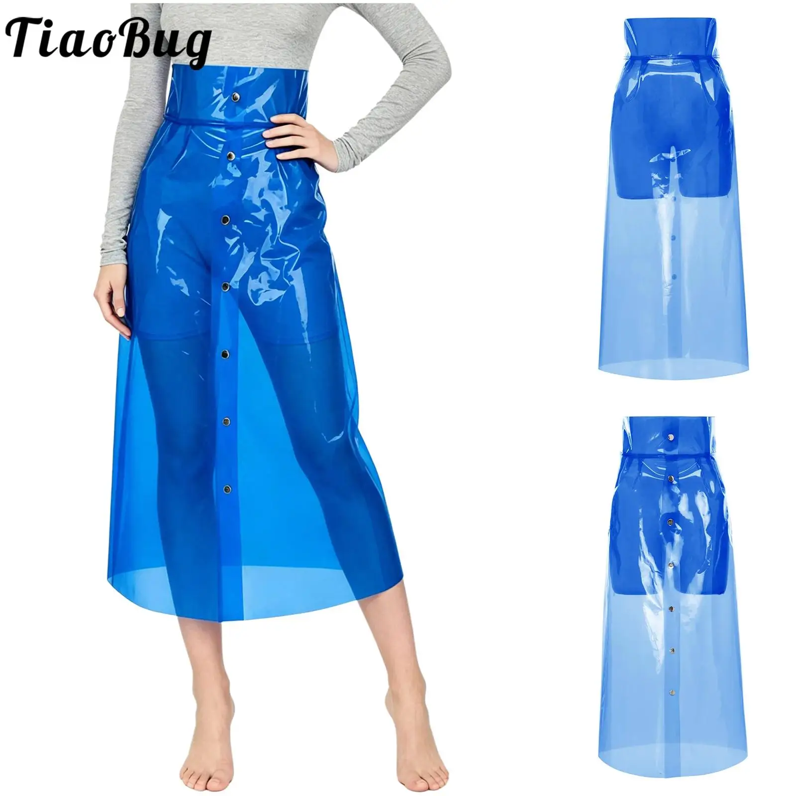 Women See Through High Waist PVC Skirts Sheer Buttons Bodycon Pencil Skirt Wet Look Cover Up Midi Skirt for Rave Party Beachwear