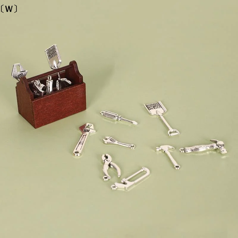 〔W〕Dollhouse Miniature Tool Set Metal Hammer Pliers Wrench Kit With Wooden Box For DIY Model Decor