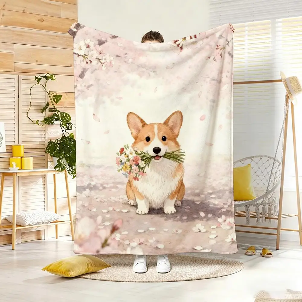 Cute Cartoon Calming Anima Corgi Throw Lightweight  Flannel Blanket Soft Skin-friendly for Summer Cooling