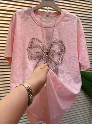 Rhinestone Oversized Short Sleeve Tshirt For Women 2024 Summer Lace Embroidery Loose Casual Mid-length Pink T-shirt Tops Tees