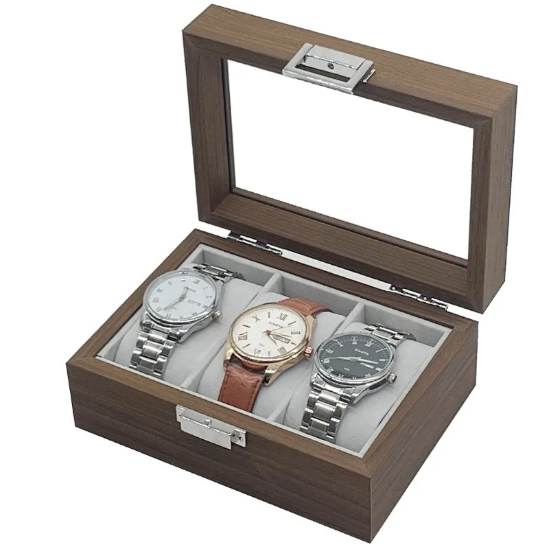 3 Slots Retro Series Walnut Dark Wood Box for Watch Jewelry Glass Lid With Grey Velvet Interior