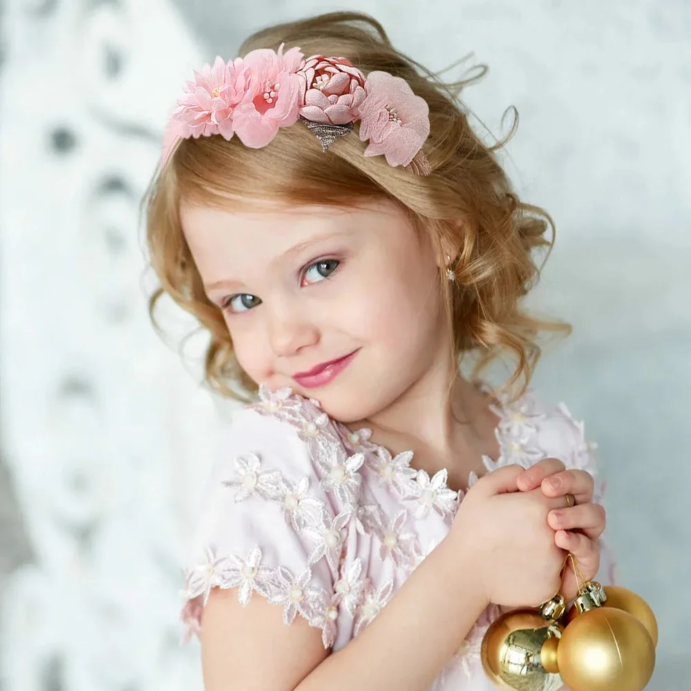 Elegant Handmade Flower Hair Hoop for Baby Girl Boutique Triple Satin Flowers with Rhinestone Pearl Wedding Princess Headbands
