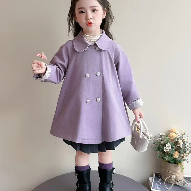 Fashionable Trendy Girls' Outerwear for Autumn New Girls' Korean Version Coat Children's Double Breasted Mid Length Trench Coat