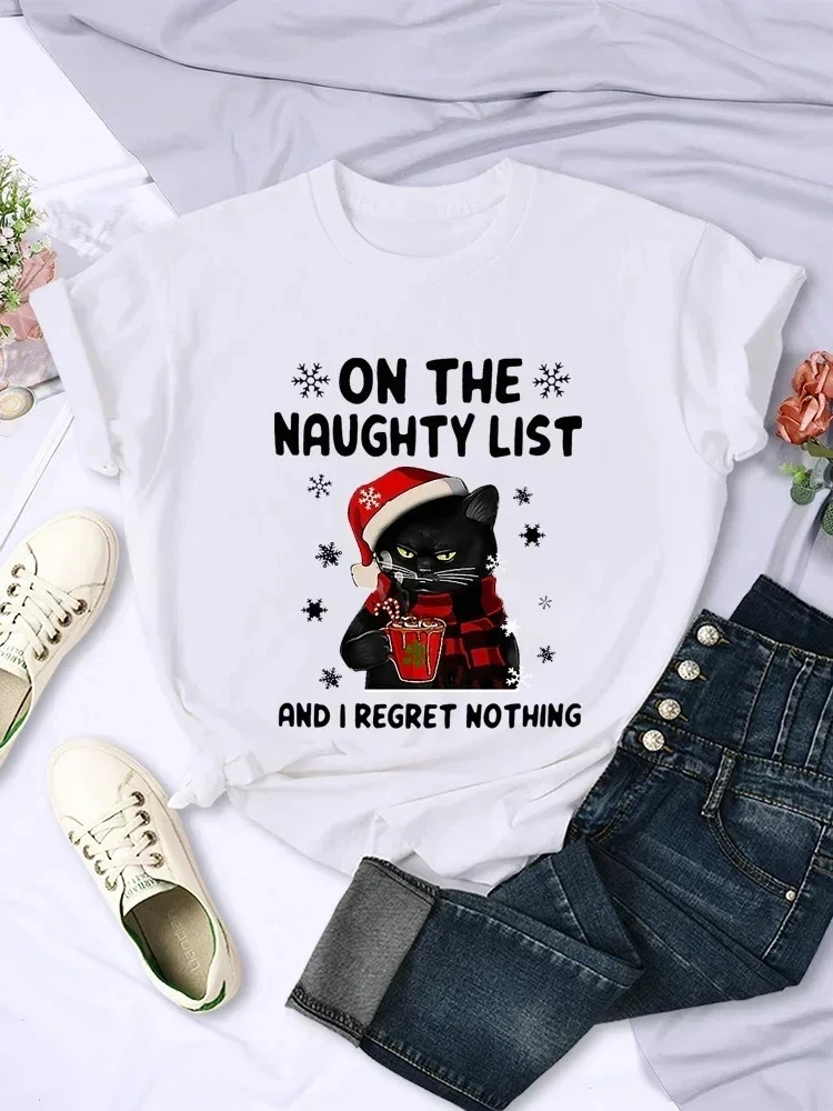 SANTA CAT ON THE NAUGHTY LIST AND I REGRET NOTHING Fashion Tee Clothing Harajuku Women Tops Merry Christmas Cute Party Tee Tops