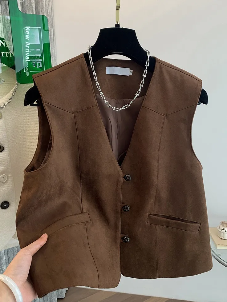 Elegant Suede Short Jacket Women's V-neck Vest Spring Autumn Versatile Fashion Outerwear Comfortable Polyester Fiber