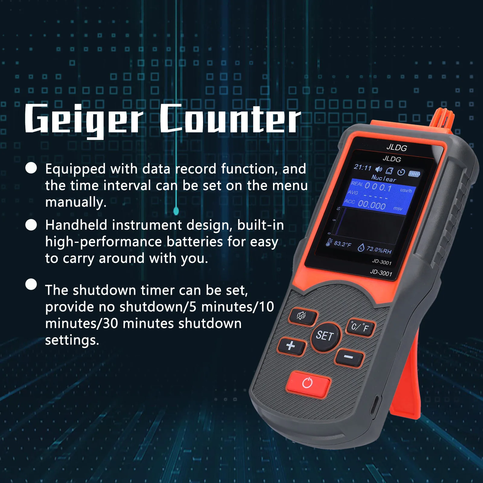 JD-3001 Contador Geiger multifuncional y detector de radiación electromagnética Dispositivo de medición de temperatura y humedad D