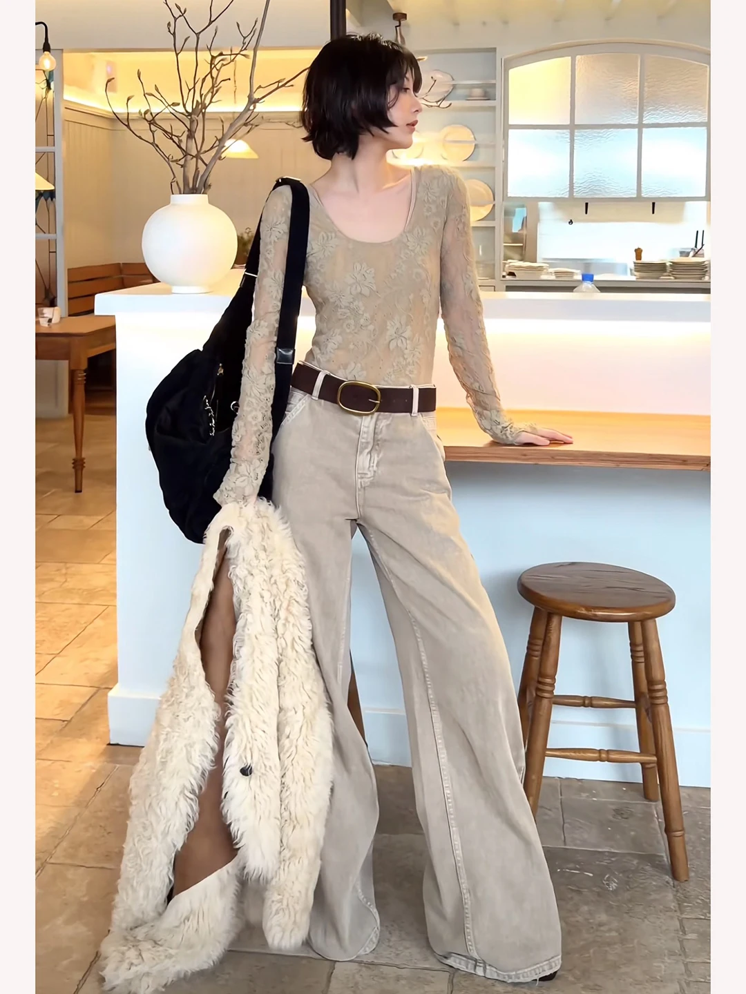 Retro Koreanische Sle Spitze Lange Sve U-Ne-Stück Herbst Winter Abnehmen Design Vielseitige Basis irt frauen Faion