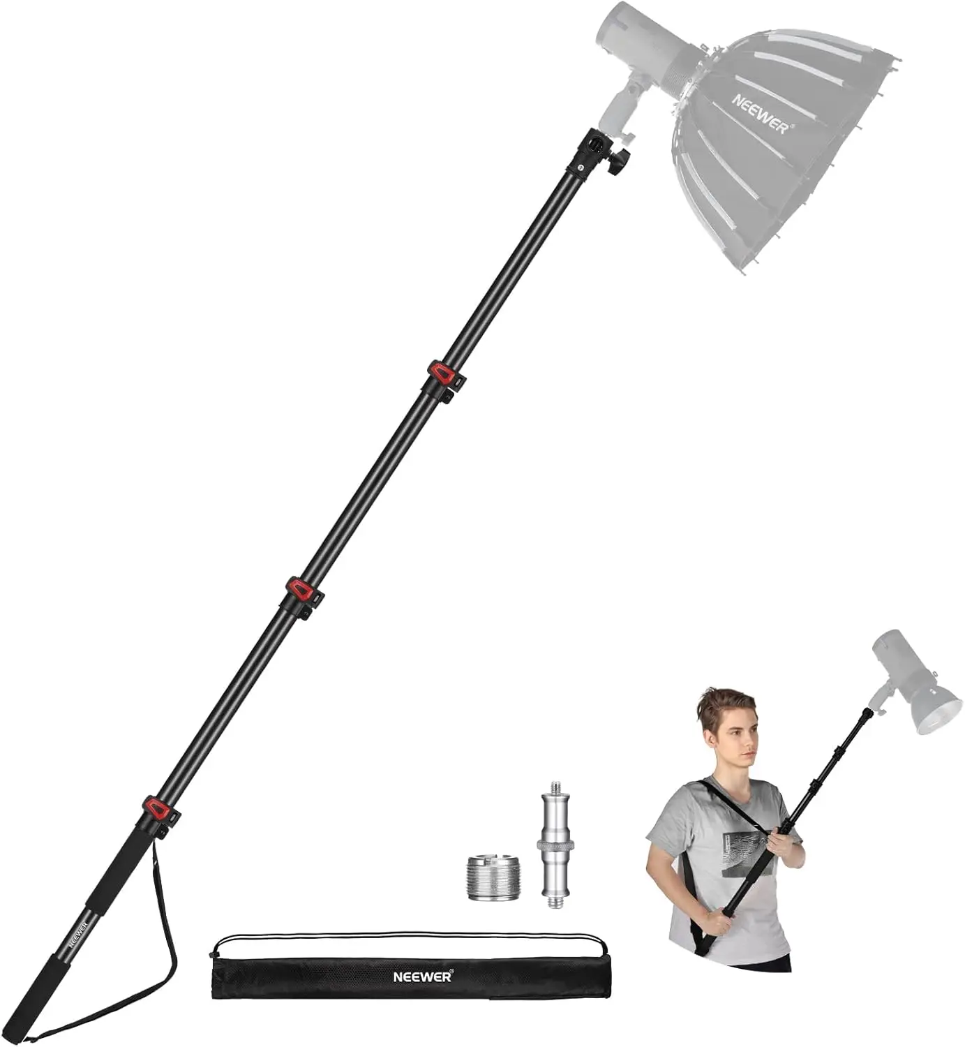 

7.5ft/230cm Boom Pole Stand, Portable Telescopic Aluminum Handheld Light Stand with 1/4" 3/8" 5/8" Screw/Flip Lock/ oul